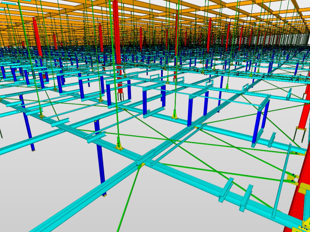 カラーで示された建物の鉄骨構造の3Dレンダリング。